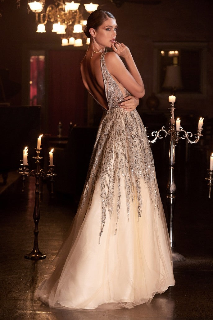 Ladivine C135 Long A Line Formal Ballgown Glitter V Neck Prom Dress Sh –  Glass Slipper Formals