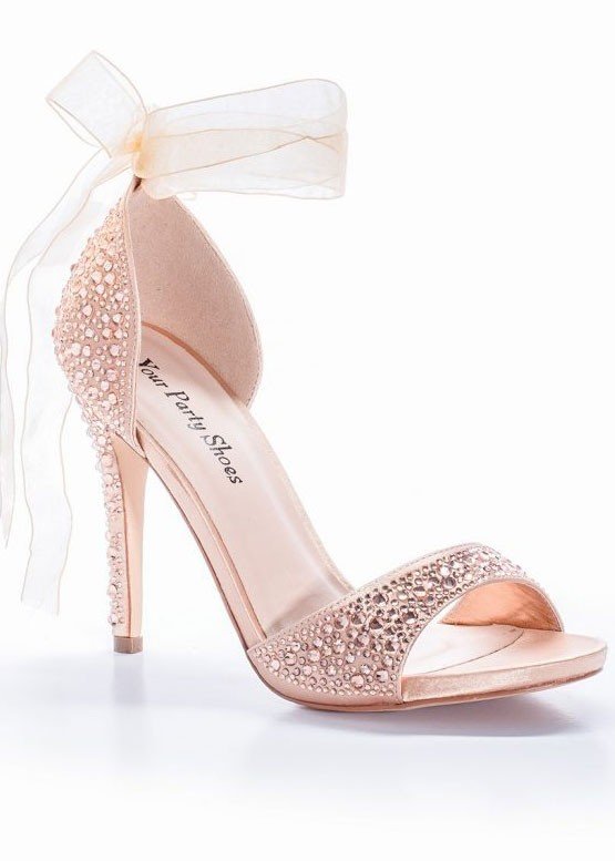 Your Party Shoes style Carley is a sexy Crystal Embellished Formal evening Heel with a feminine soft organza ribbon that ties into a bow at the ankle. Style 1023 - Navy Style 1024 - Black Style 1025 - Rose Gold Heel: 3 1/2" Platform: 1/2" Available in Colors: Rose Gold, Black, Navy Available in Sizes: 5 - 11 All color and sizes are orderable. Glass Slipper Formals Dress Shoes High Heels Strap peep toe formal shoes rhinestone glam