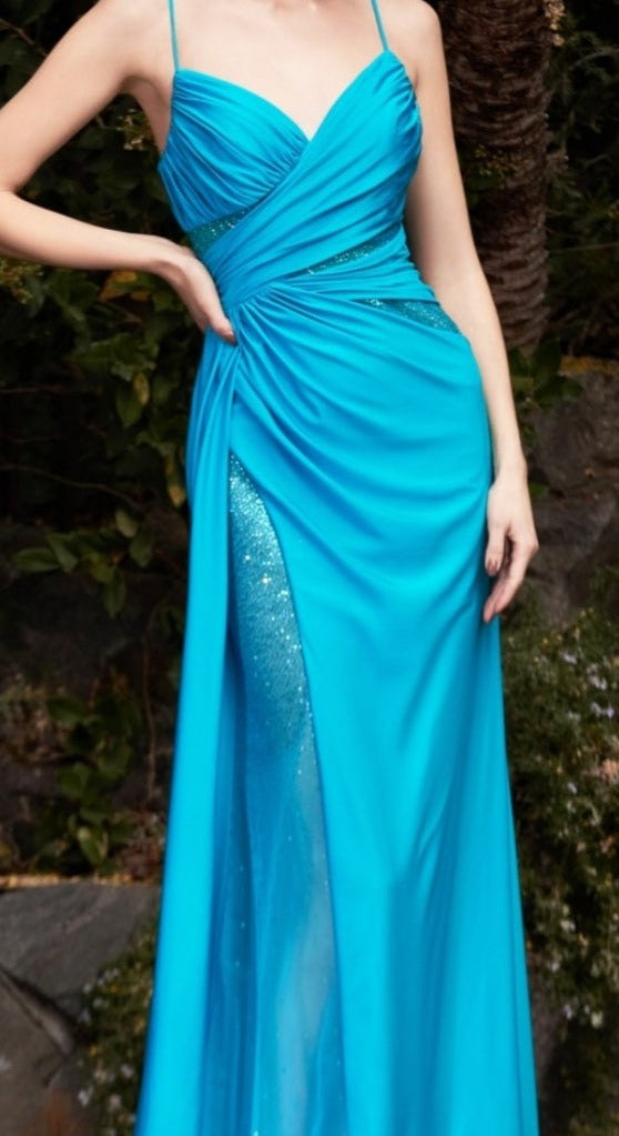 Ladivine CDS410 Long Fitted Teal Jersey Sheer Crystal Slit Overskirt p –  Glass Slipper Formals