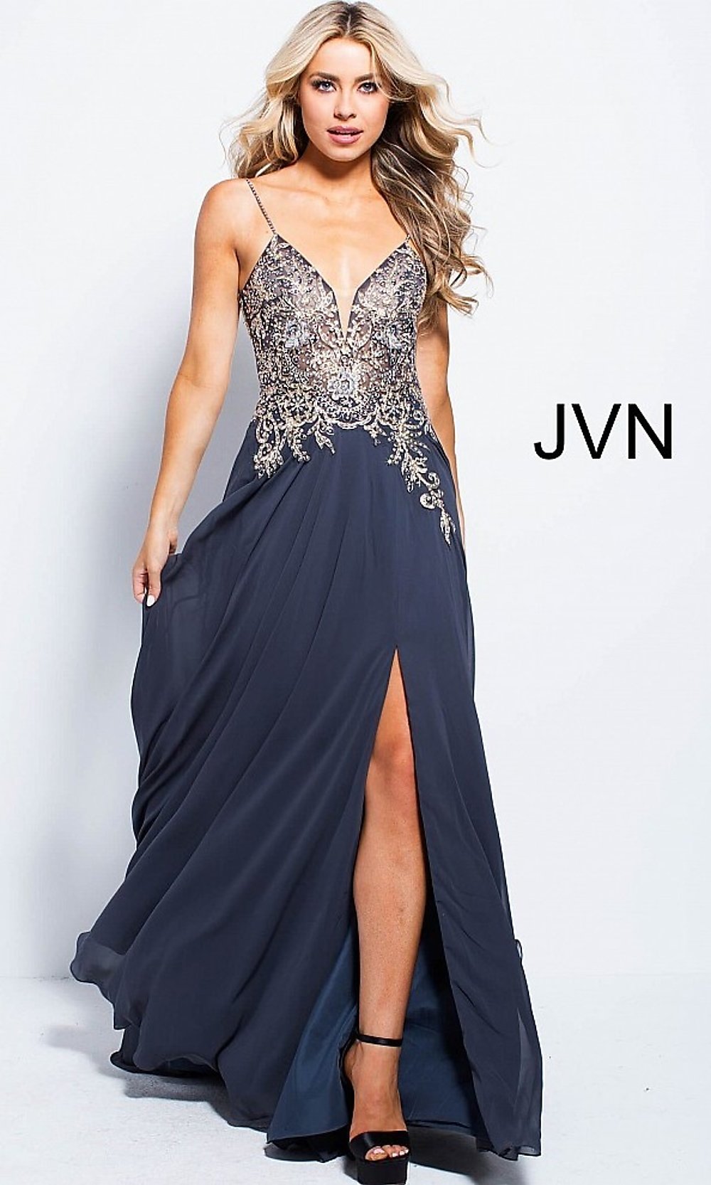 Jovani JVN55885 Size 00 Charcoal high slit flowy Prom Dress Pageant Gown