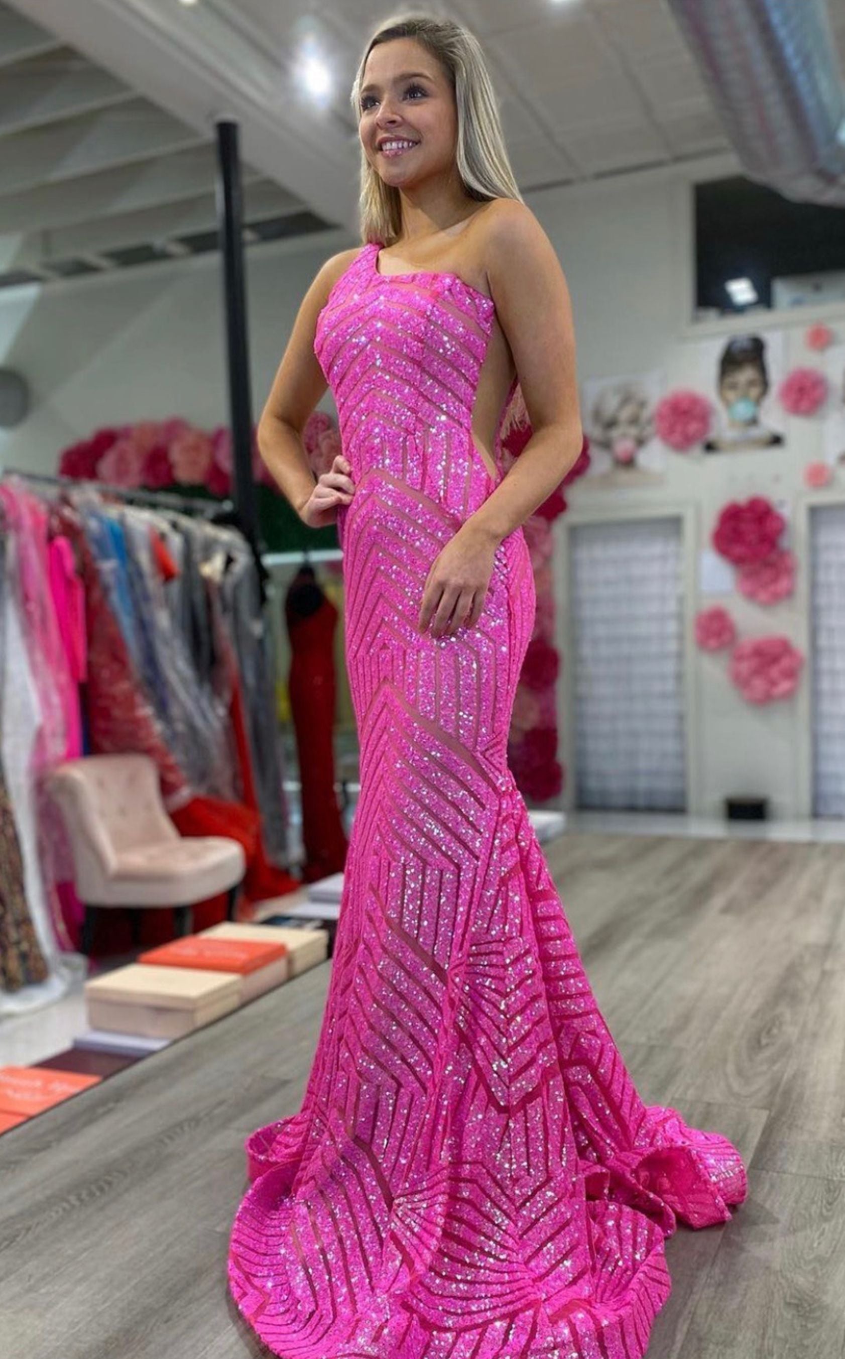 Pink One Strap Mermaid Prom Dresses