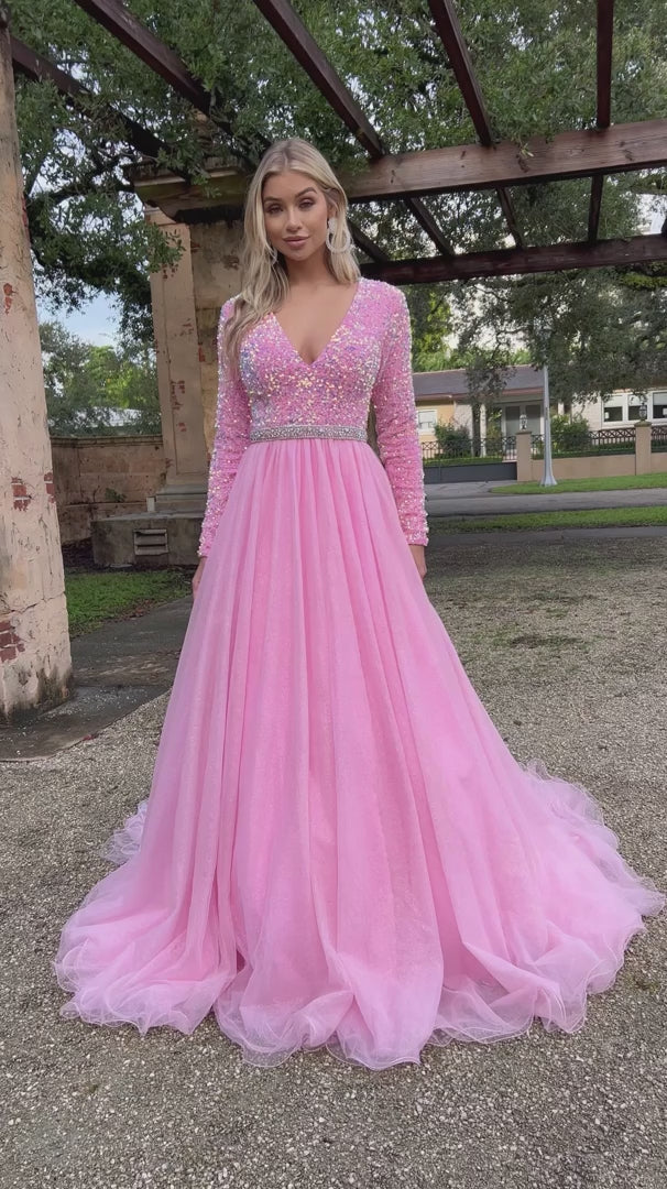 Light pink long on sale sleeve prom dress