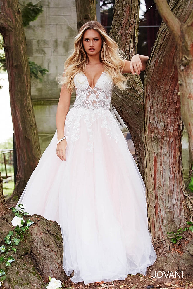 Jovani 55634 floral appliques prom dress ballgown Lace Tulle Long V Ne –  Glass Slipper Formals
