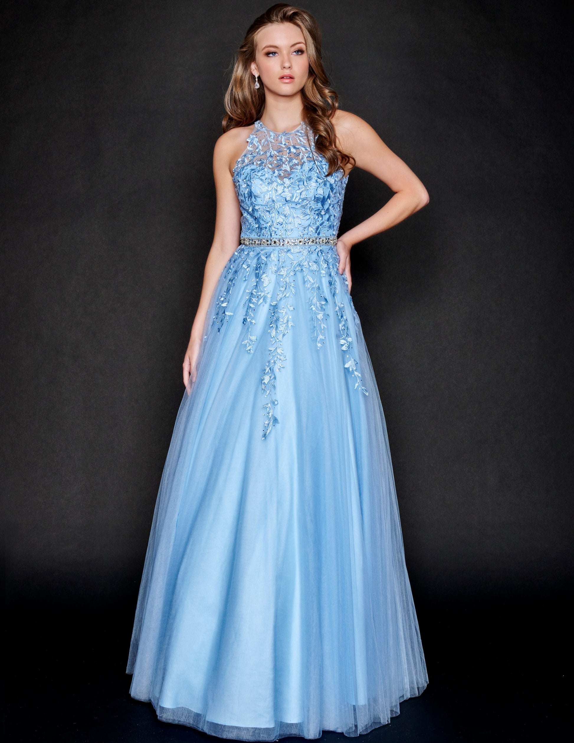 Nina Canacci 3188 Long Lace A Line Ballgown Prom Dress Pageant Gown High Neck Formal  Available Size-0-18  Available Color- Baby Blue, White/Nude, Red