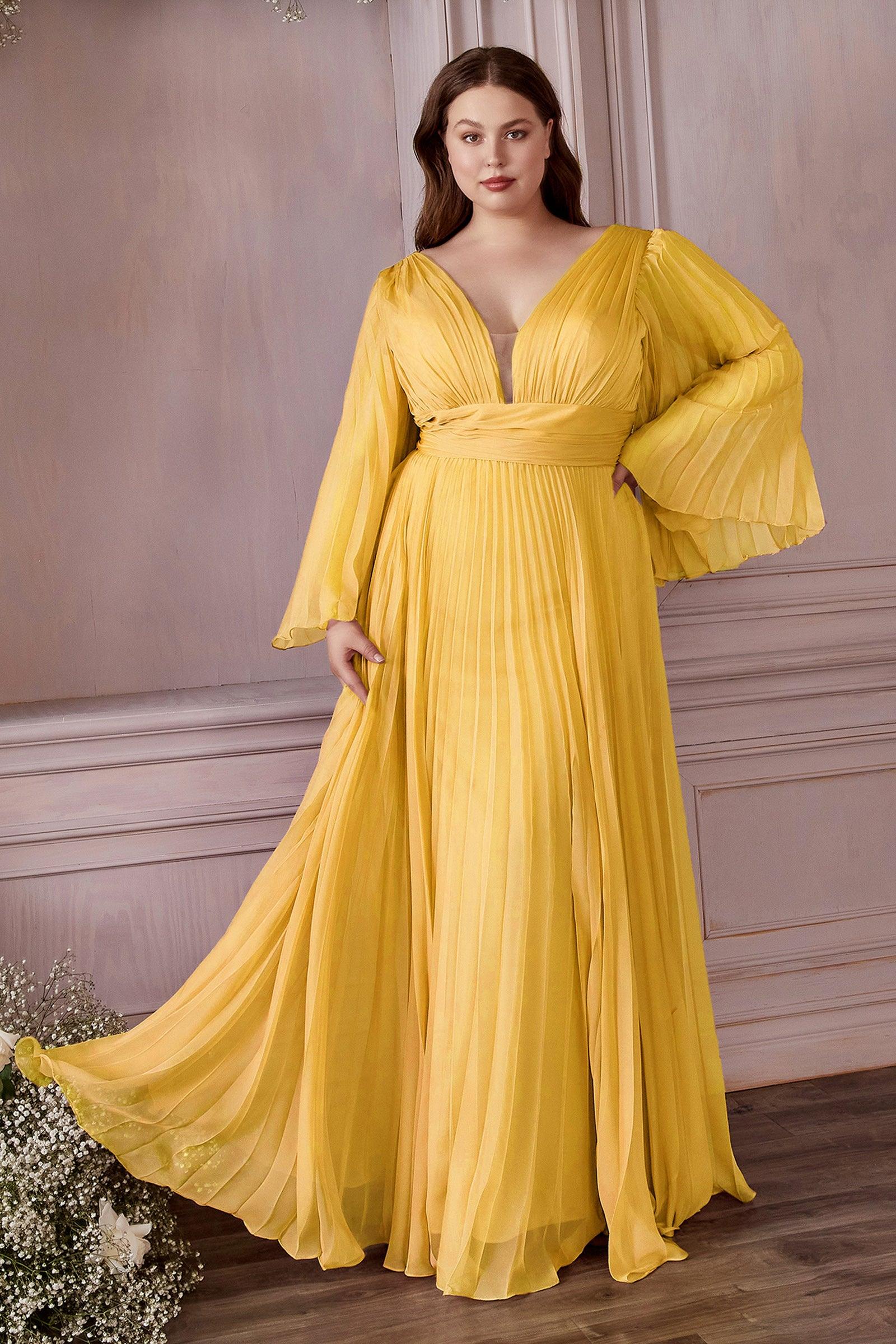 Ladivine CD242 Long Pleated Chiffon A Line Bell Sleeve V Neck