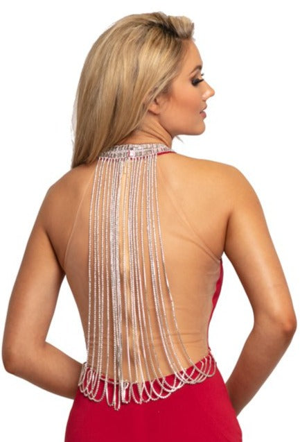 Johnathan Kayne 2049 is a open back Prom Dress, Pageant Gown & Formal Evening Wear with fringe tassels that flow down the back. This stunning high neckline long dress features a crystal accented choker neckline with a sheer mesh back with hanging rows of crystal tassels.