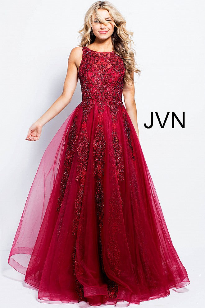 Jovani 59046 Fuchsia Prom Dress Size 12 Sheer Tulle Lace High Neck Ballgown Formal Gown