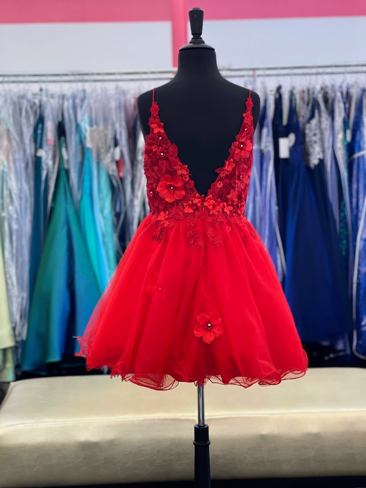 Stella Couture 22753 Size 8 Red Short Fit Flare 3D Floral Lace