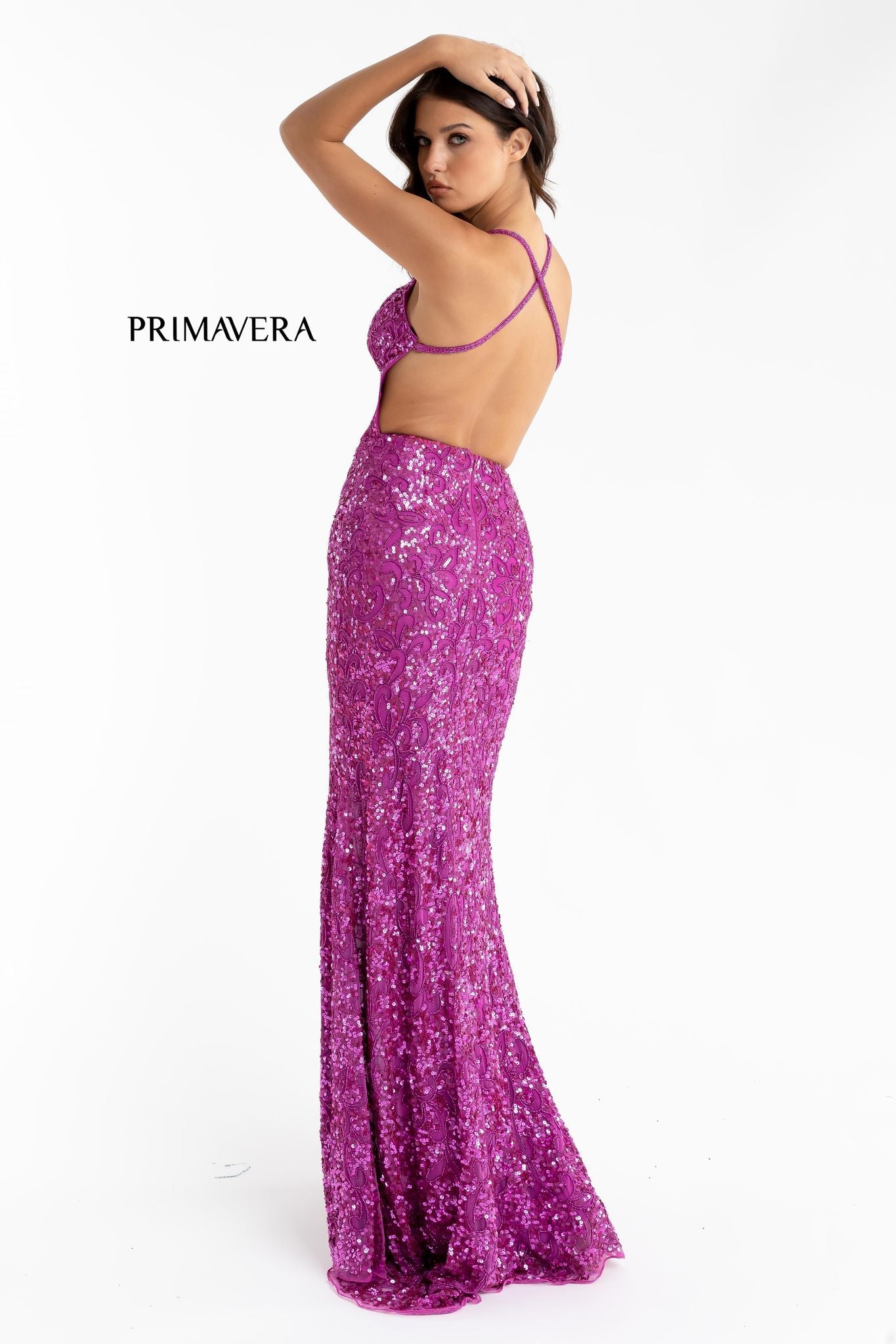 Primavera Couture 3295 Exclusive  Prom Dress, Formal Evening Gown.  This exclusive prom dress is designed with sequins throughout.  I has a V neckline with beaded spaghetti straps that crisscross in the open back.  It is long with a left side slit.  Available Colors:  FUSHIA,CREAM,EMERALD,IVORY,PEACOCK,BLACK,MIDNIGHT,NEON LILAC,NEON PINK,FORREST GREEN,PURPLE,TURQUOISE,CORAL,BLUE,RED,LIGHT BLUE,NEON SAGE