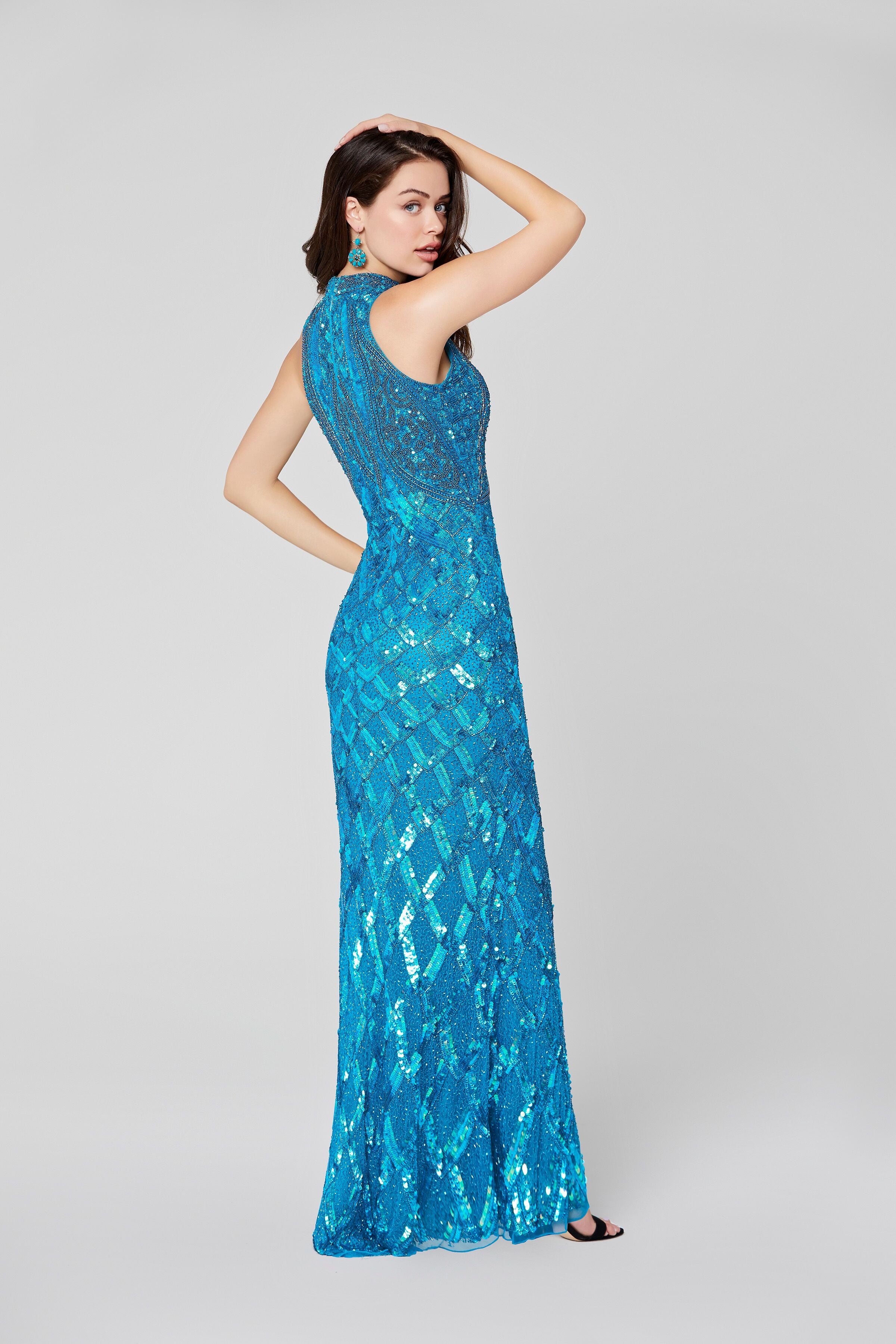 Primavera Couture 3442 Size 18 Peacock Beaded High Neckline Prom Dress ...